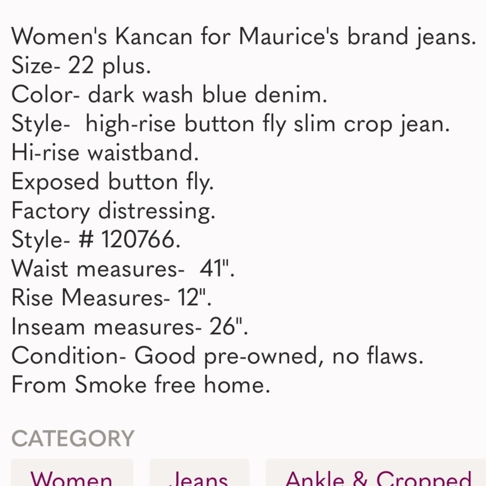 Kancan Maurices Highrise Buttonfly Cropped Jeans 22 Plus Size Denim Jean - Picture 9 of 9